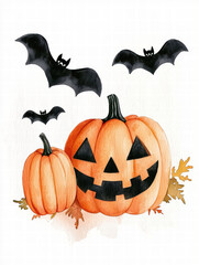 Naklejka premium Watercolor Halloween pumpkins with bats and autumn leaves create festive atmosphere for spooky season