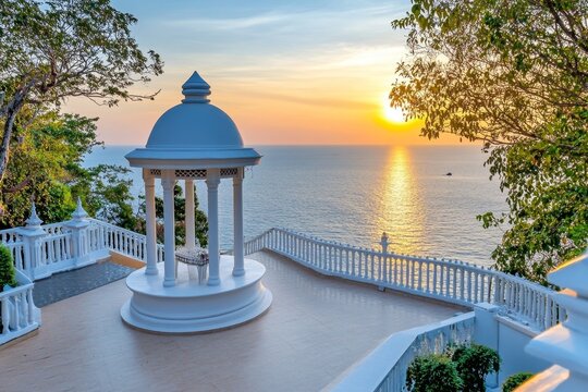 Coastal gazebo at sunset, serene view