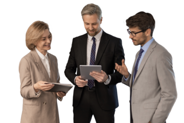 Three business people discussing work together using a tablet on a transparent background