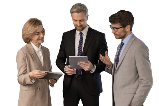 Three business people discussing work together using a tablet on a transparent background