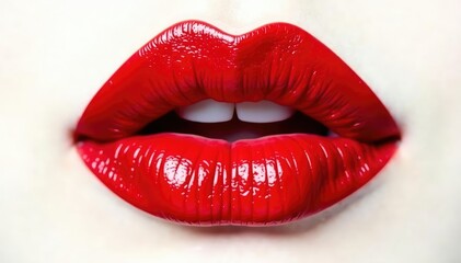 Obraz premium Close-up vibrant red lipstick smear, pristine white backdrop, bold, paint, close-up
