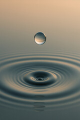 A high-speed capture of a water droplet mid-fall, just before it touches the surface of still water, with concentric ripples forming below
