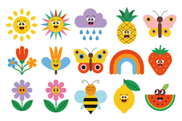 A cheerful collection of cute, flat illustrations featuring the sun, cloud, rainbow, pineapple, strawberry, watermelon, lemon, bee, butterflies, and flowers with happy faces.