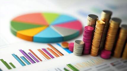Dynamic financial chart with coins emphasizing investment and data analysis