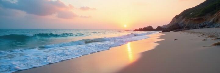 Obraz premium Soft blue waters lap against a stretch of untouched sandy beach at dawn , water, dawn, sand