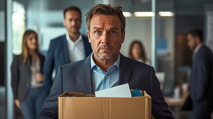 A business executive in shock with a box of personal items walks out of his office, flanked by colleagues, reflecting the emotional impact of being let go from a high-level job.