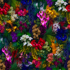 Bright floral background with beautiful, colorful flowers. A beautiful wall of bright, colorful flowers. Seamless image.