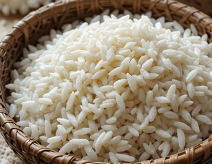 Close-up of Freshly Cooked Rice in a Woven Basket