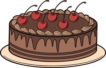 Beautiful Chocolate Cake with cherries vector art illustration. 