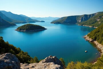 Obraz premium Irregular shaped lake with rocky shoreline and scattered islands, lake, perspective