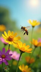 Colorful bee flies over vibrant flowers in a sunny meadow, garden, butterflies, flowers