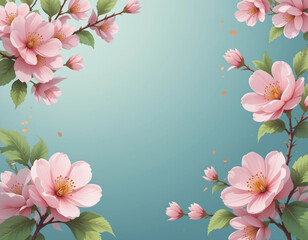 Fototapeta premium A blue background with pink flowers in the foreground