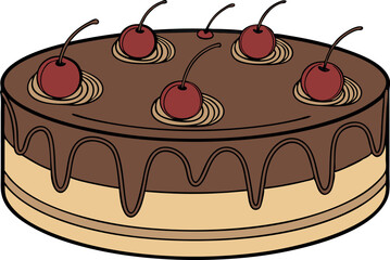 Beautiful Chocolate Cake with cherries vector art illustration. 
