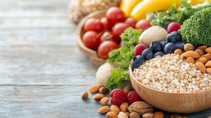 A Culinary Symphony of Freshness: A vibrant arrangement of fresh, natural ingredients showcases the bounty of nature and the essence of healthy eating. A beautiful collection of nuts, berries.