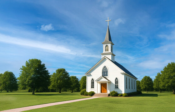 Small white wooden church with steeple on green grass field under blue sky in summer