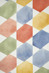 Colorful watercolor geometric pattern with hexagons in soft hues of green, red, yellow, and blue, creating vibrant design