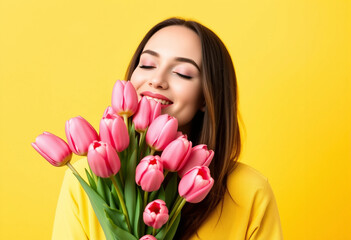 Fototapeta premium A woman is holding a bouquet of pink tulips and smiling