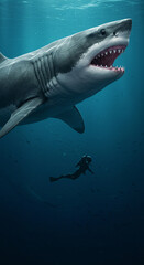 Naklejka premium Great White Shark Approaching Diver Underwater Ocean Scene