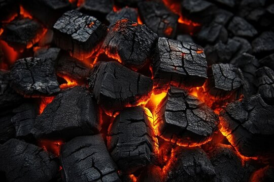 Close-up view of glowing embers and hot charcoal.