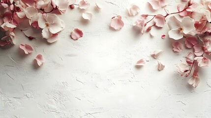 Vertical format with pale rose petals drifting across the top third of the page, soft white canvas texture, center layout left blank for modern typography. Created Using: digital floral overlay,