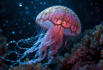 Obraz premium A jellyfish with a pink body and blue tentacles is floating in the ocean