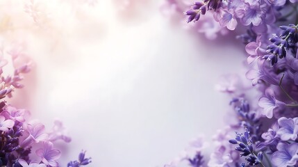 Obraz premium Vertical layout with blurred lavender flowers around the frame edges, giving a dreamy, ethereal atmosphere. White matte background, central space clean. Created Using: bokeh effect,
