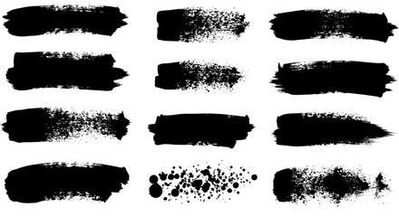 Ink brushstroke and paintbrush template with splashes grunge. Vector set black ink brush stroke. Dirty artistic design elements. Grunge splatter, dirt stain. Vector ink box