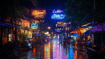Rainy Night Street Scene Neon Lights