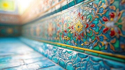 Colorful temple mosaic tile detail, Thailand, sunlight, background blur, travel