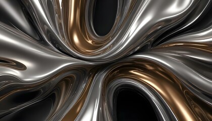 An elegant and dynamic abstract art piece with a reflective and fluid metallic texture.