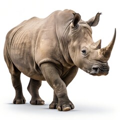Naklejka premium Fauna of the African savanna, endangered species and large mammals concept theme with an adult rhino isolated on white background with a clipping path cut out