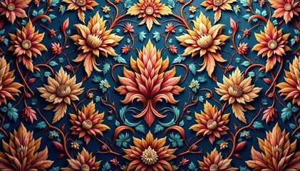 Intricate floral damask textile, opulent design, background, leaves