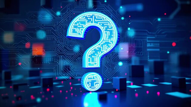 Abstract digital question mark symbolizing inquiry and technology amidst a futuristic circuit backdrop