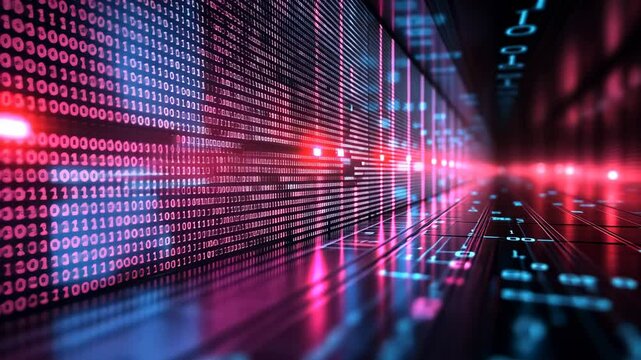 Abstract Digital Data Flowing Binary Code Grid Displaying Red And Blue Lights
