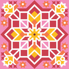 Colorful Floral Mandala Ornament with Pink and Orange Geometric Symmetry – Intricate Vector Design for Boho, Ethnic, and Islamic-Inspired Patterns