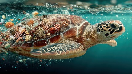A turtle swimming through an ocean divided by a plastic wall one side clean, the other full of trash.