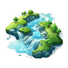 A vibrant illustration of a lush green landscape with cascading waterfalls, surrounded by trees, showcasing the beauty of nature in a serene setting , isolated on white or transparent png