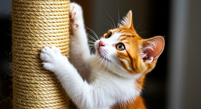 Ginger and white kitten playfully scratching a sisal rope scratching post with its white paws indoors selling, purchasing,$, agreement - Powered by Adobe