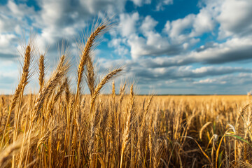 Obraz premium Golden Wheat Field Under a Dramatic Cloudy Sky Rural Landscape Photography