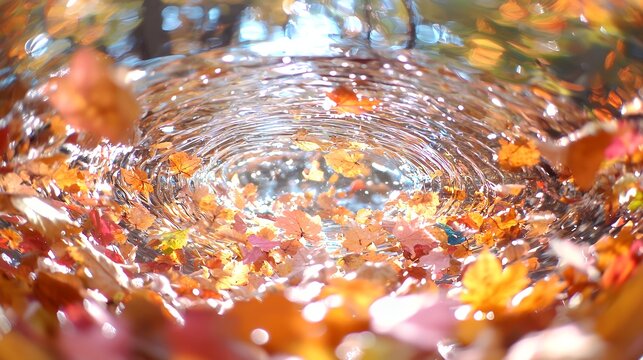 Autumn leaves swirling in a water pool