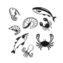 set of vector silhouettes of fish seafood icon set for seafood restaurant poster.