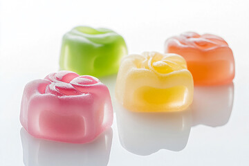 a group of four different colored candies