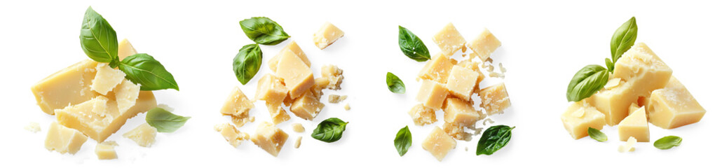 Parmesan Cheese Chunks with Fresh Basil on a Transparent Background