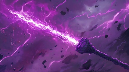 Mystical purple energy sword in chaotic sky