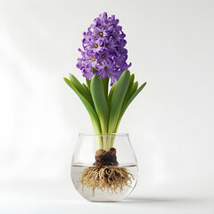 Purple Hyacinth Flower in Glass Vase with Roots Visible