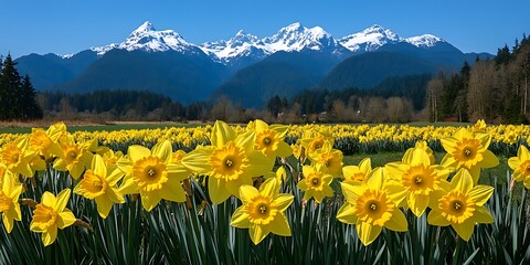Fototapeta premium Field of daffodils bloom beneath snow-capped mountains, suitable for travel, nature, or spring concepts