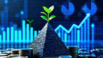 A pyramid made of coins with a green plant growing on top, symbolizing financial growth and sustainability