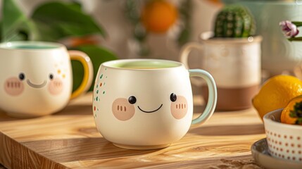 The cup and has a cheerful face with big eyes, rosy cheeks, and a smiling expression, giving it a cute and playful appearance