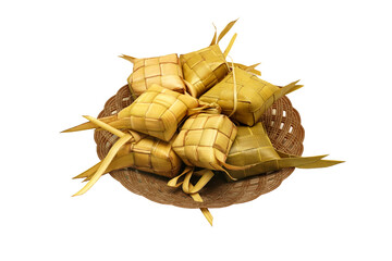 Ketupat still wrapped in coconut leaves is served on a plastic plate isolated on a white background