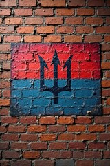 A painted trident symbol on a brick wall background with a two-toned color scheme.